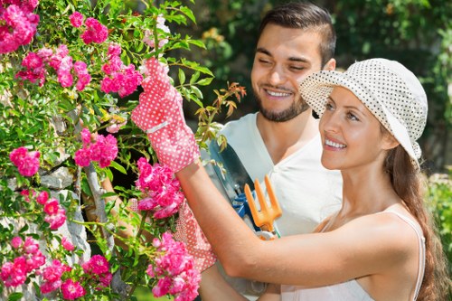 Professional hedge trimmer working in a Balham garden